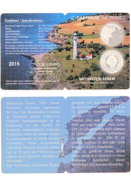 Fenerler No.6 Mehmetçik Feneri 2015 Darphane Gümüş Hatıra Parası Sertifikalı modelleri