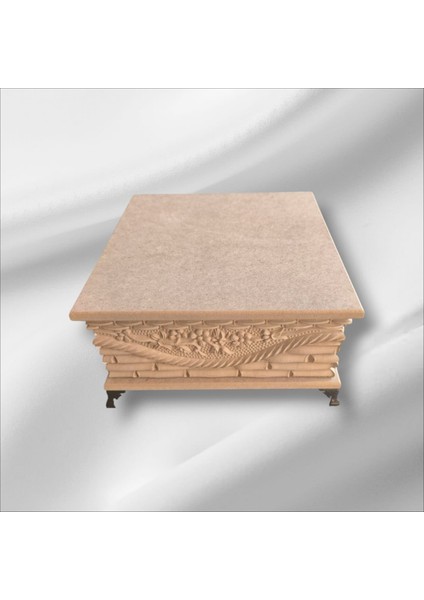 Ahşap- Ham Mdf- Desenli-Takı-Makyaj-Aksesuar-Çok Amaçlı- Ayaklı Kare Dekoratif Kutu