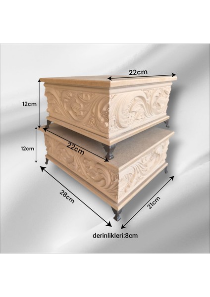 Ahşap- Ham Mdf- Desenli-Takı-Makyaj-Aksesuar-Çok Amaçlı- Ayaklı- 2li Dekoratif Kutu fiyatları