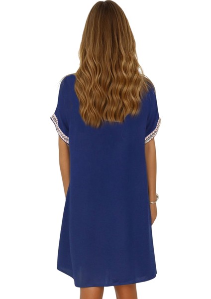 V Yaka Hasır Örgü Detaylı Kısa Viskon Elbise fırsatları