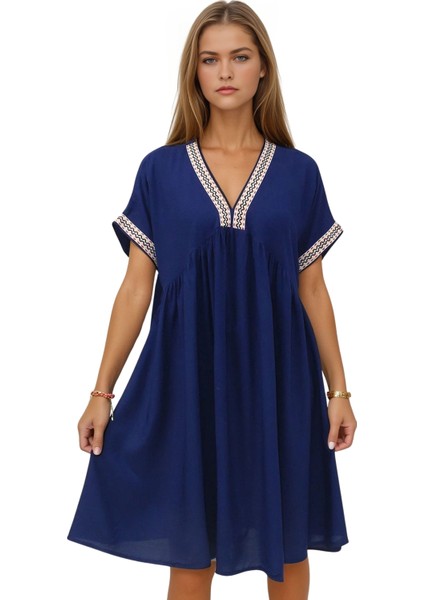 V Yaka Hasır Örgü Detaylı Kısa Viskon Elbise fiyatları