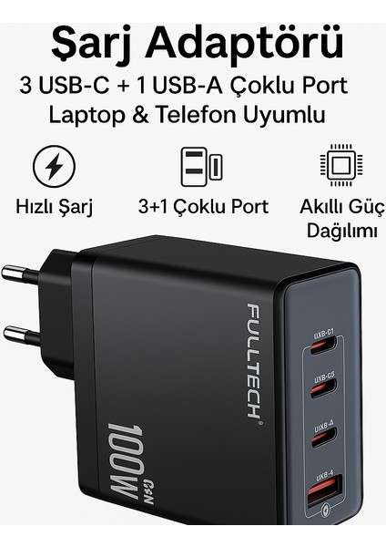 100W Gan Hızlı Şarj Adaptörü – 3 Usb-C + 1 Usb-A Çoklu Port, Laptop & Telefon Uyumlu
