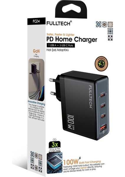100W Gan Hızlı Şarj Adaptörü – 3 Usb-C + 1 Usb-A Çoklu Port, Laptop & Telefon Uyumlu modelleri