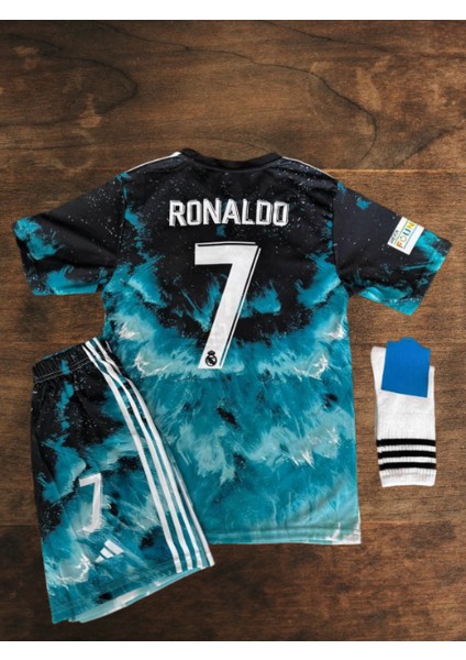 Real Madrid Özel Tasarım Mavi Dalgalı Çocuk Forması 4 Lü Set