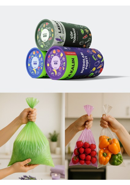 3'lü Paket Şeffaf ve Renkli Buzdolabı Poşeti (2X70) 140 Adet (Orta Boy) + Kokulu Çöp Torbası 50 Adet (Orta Boy)