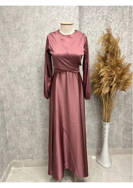 25Y3412 Elbise Abiye Saten Beli Bağlamalı Kloş - Vishne - 25Y3412 - Gül Kurusu - 44