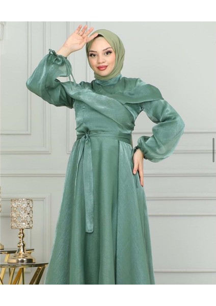 25Y9476 Elbise Abiye Janjan Kumaş Göğüs Detaylı Kol Bağcıklı - Patisca - 25Y9476 - Yeşil - 38 modelleri