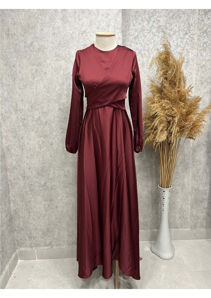 25Y3412 Elbise Abiye Saten Beli Bağlamalı Kloş - Vishne - 25Y3412 - Bordo - 40
