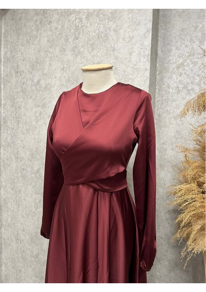25Y3412 Elbise Abiye Saten Beli Bağlamalı Kloş - Vishne - 25Y3412 - Bordo - 40 fiyatları