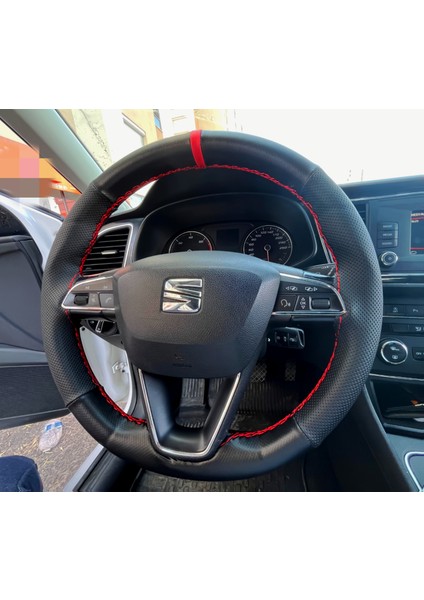 Dikişli Direksiyon Kılıfı Noktalı Deri Minikare Karbon Deri Kırmızı Yüzük / Dikişli Seat Leon