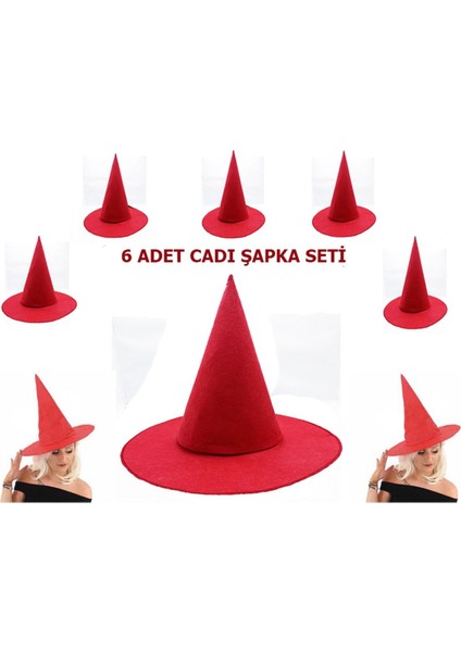 Kırmızı Keçe Cadı Şapkası, Yetişkin ve Çocuklar Için, 6'lı Paket