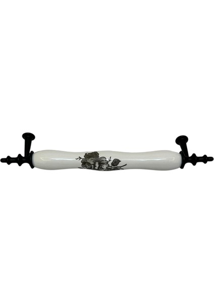 Porselen Kulp Siyah Gül Desenli 128MM(12.8CM) Ayakları Siyah Mobilya Çekmece Kapak Kulbu