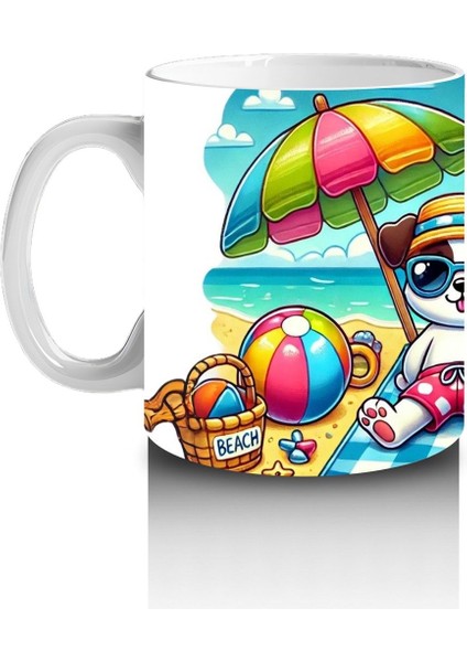 Çocuklara Sütü Sevdiren Plaj Keyfi Yapan Kedi ve Köpek Desenli Kupa Bardak