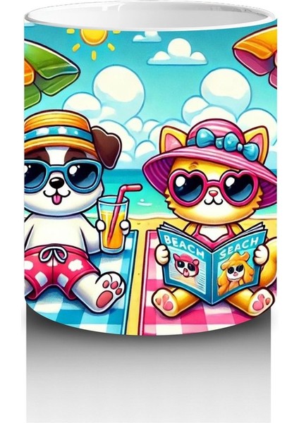 Çocuklara Sütü Sevdiren Plaj Keyfi Yapan Kedi ve Köpek Desenli Kupa Bardak fiyatları