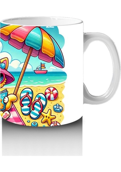 Çocuklara Sütü Sevdiren Plaj Keyfi Yapan Kedi ve Köpek Desenli Kupa Bardak modelleri