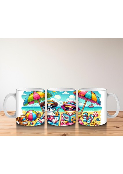 Çocuklara Sütü Sevdiren Plaj Keyfi Yapan Kedi ve Köpek Desenli Kupa Bardak fırsatları