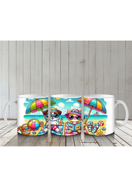 Çocuklara Sütü Sevdiren Plaj Keyfi Yapan Kedi ve Köpek Desenli Kupa Bardak indirimleri