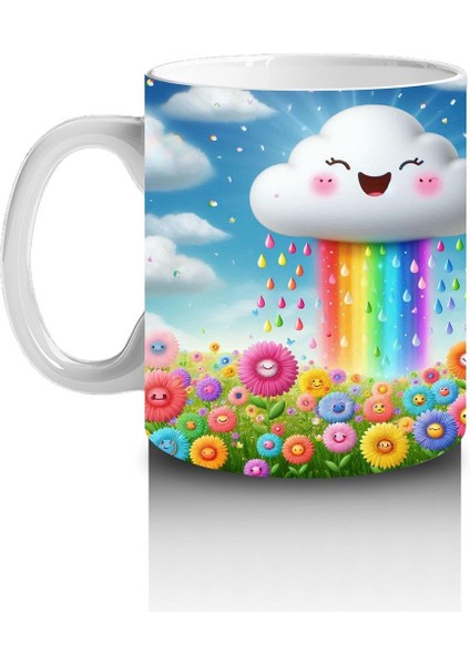Çocuklara Sütü Sevdiren Gökkuşağı Yağdıran Neşeli Bulut Desenli Kupa Bardak