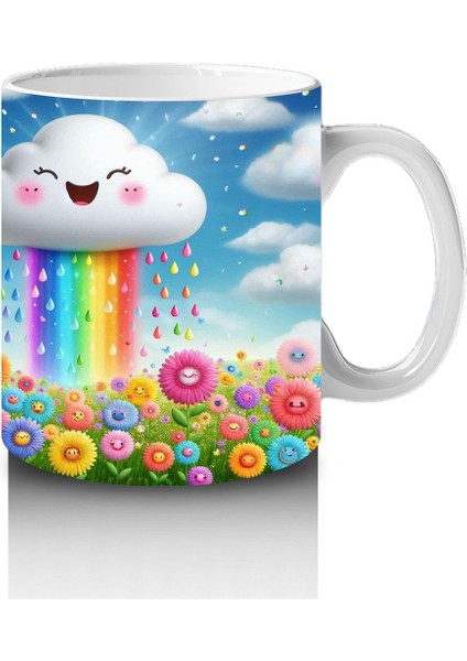 Çocuklara Sütü Sevdiren Gökkuşağı Yağdıran Neşeli Bulut Desenli Kupa Bardak modelleri