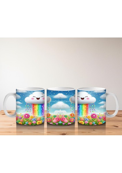 Çocuklara Sütü Sevdiren Gökkuşağı Yağdıran Neşeli Bulut Desenli Kupa Bardak fırsatları