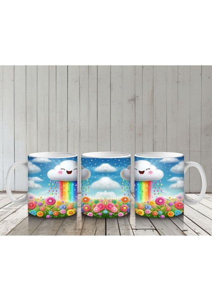 Çocuklara Sütü Sevdiren Gökkuşağı Yağdıran Neşeli Bulut Desenli Kupa Bardak indirimleri