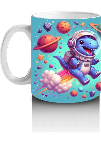 Çocuklara Sütü Sevdiren Roketli Uzay Dinozoru Desenli Kupa Bardak