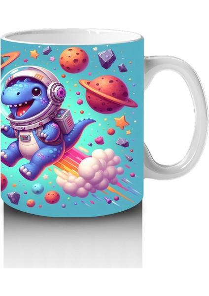 Çocuklara Sütü Sevdiren Roketli Uzay Dinozoru Desenli Kupa Bardak modelleri