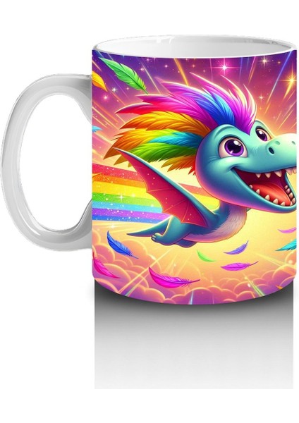 Çocuklara Sütü Sevdiren Gökkuşağı Yelesiyle Uçan Sevimli Dinozor Desenli Kupa Bardak