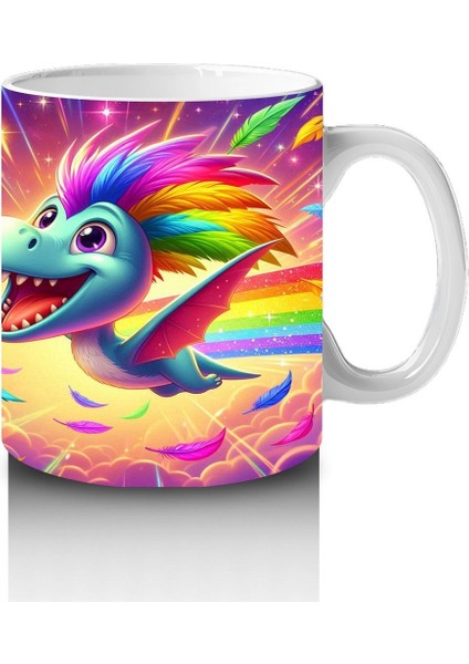 Çocuklara Sütü Sevdiren Gökkuşağı Yelesiyle Uçan Sevimli Dinozor Desenli Kupa Bardak modelleri