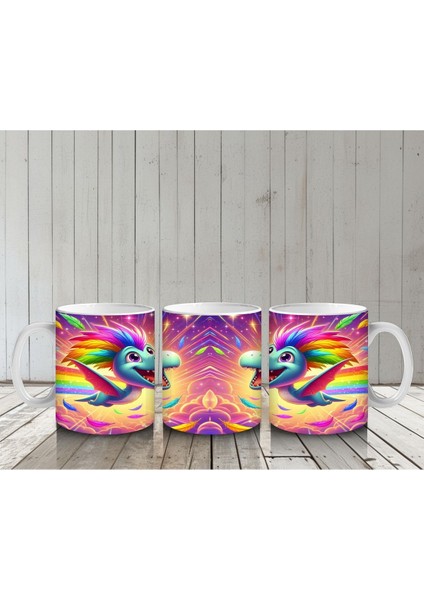 Çocuklara Sütü Sevdiren Gökkuşağı Yelesiyle Uçan Sevimli Dinozor Desenli Kupa Bardak indirimleri