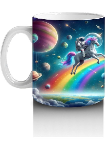 Çocuklara Sütü Sevdiren Uzayda Gökkuşağı ve Astronot Unicorn Desenli Kupa Bardak