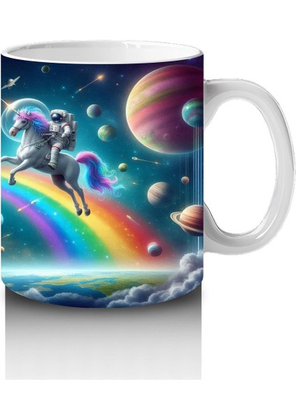 Çocuklara Sütü Sevdiren Uzayda Gökkuşağı ve Astronot Unicorn Desenli Kupa Bardak modelleri