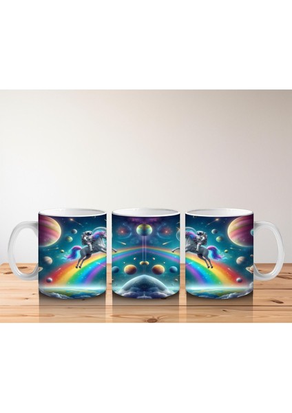 Çocuklara Sütü Sevdiren Uzayda Gökkuşağı ve Astronot Unicorn Desenli Kupa Bardak fırsatları