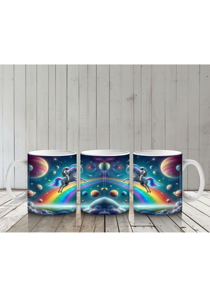 Çocuklara Sütü Sevdiren Uzayda Gökkuşağı ve Astronot Unicorn Desenli Kupa Bardak indirimleri