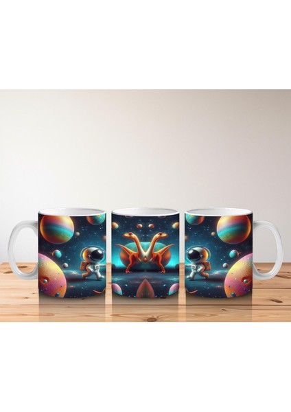 Çocuklara Sütü Sevdiren Uzayda Dinozorla Karşılaşan Astronotlar Desenli Kupa Bardak fırsatları