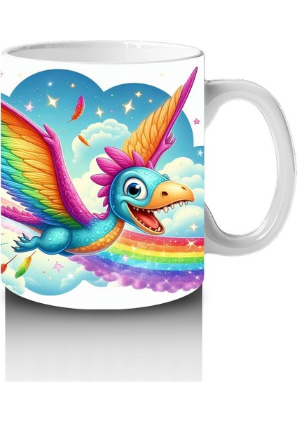Çocuklara Sütü Sevdiren Gökkuşağı Kanatlı Dinozor Desenli Kupa Bardak modelleri