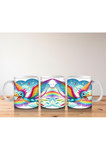 Çocuklara Sütü Sevdiren Gökkuşağı Kanatlı Dinozor Desenli Kupa Bardak fırsatları