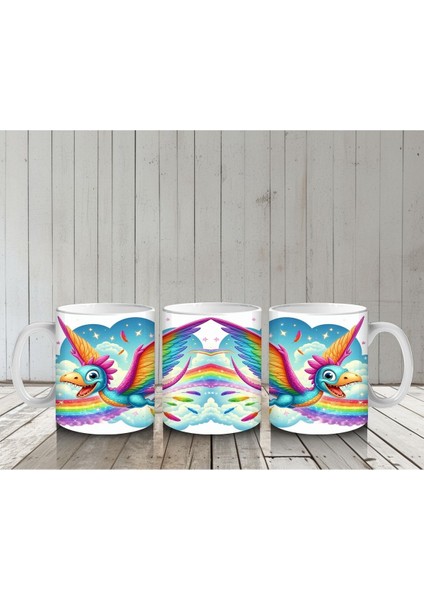 Çocuklara Sütü Sevdiren Gökkuşağı Kanatlı Dinozor Desenli Kupa Bardak indirimleri