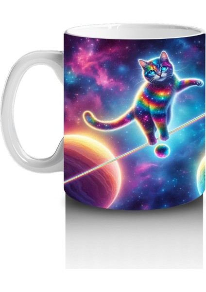 Çocuklara Sütü Sevdiren Uzayda Ip Üstünde Yürüyen Gökkuşağı Kedisi Desenli Kupa Bardak