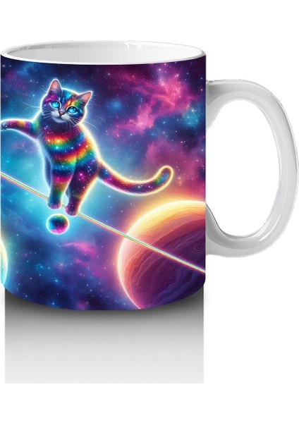 Çocuklara Sütü Sevdiren Uzayda Ip Üstünde Yürüyen Gökkuşağı Kedisi Desenli Kupa Bardak modelleri