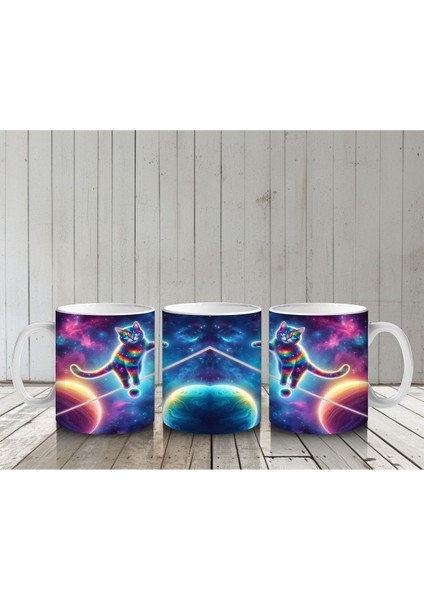 Çocuklara Sütü Sevdiren Uzayda Ip Üstünde Yürüyen Gökkuşağı Kedisi Desenli Kupa Bardak indirimleri