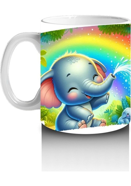 Çocuklara Sütü Sevdiren Gökkuşağı Altında Su Fışkırtan Sevimli Fil Desenli Kupa Bardak