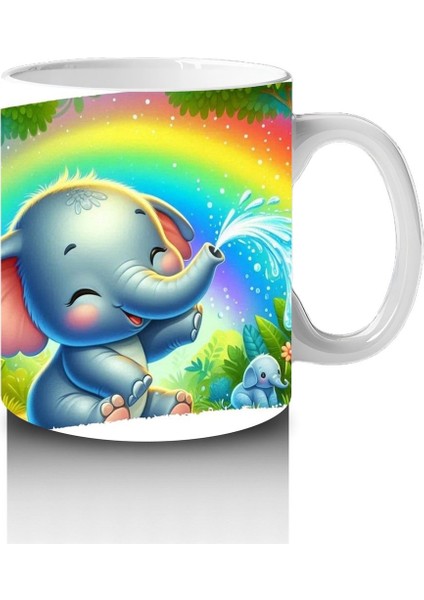 Çocuklara Sütü Sevdiren Gökkuşağı Altında Su Fışkırtan Sevimli Fil Desenli Kupa Bardak modelleri