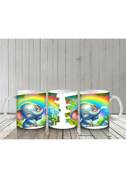 Çocuklara Sütü Sevdiren Gökkuşağı Altında Su Fışkırtan Sevimli Fil Desenli Kupa Bardak indirimleri