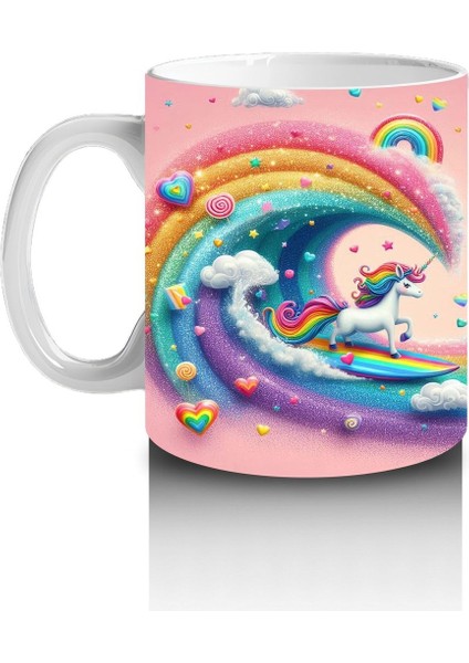 Çocuklara Sütü Sevdiren Sörfçü Gökkuşağı Unicorn Kupa Bardak