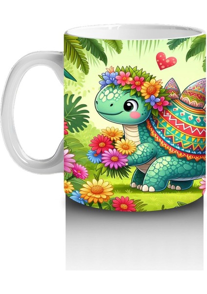 Çocuklara Sütü Sevdiren Çiçekli Kalpli Sevimli Dinozor Desenli Kupa Bardak