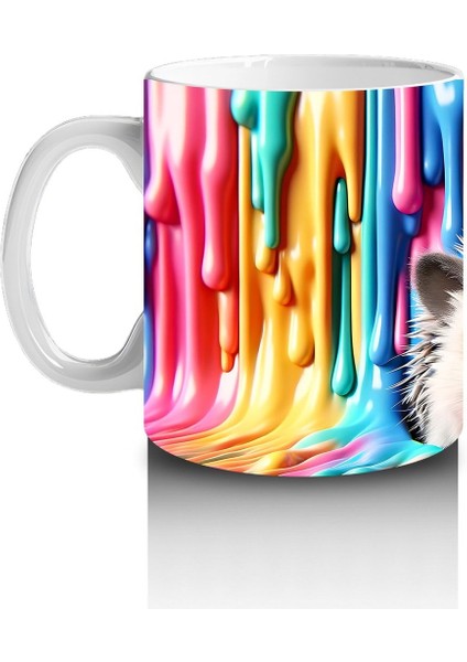 Çocuklara Sütü Sevdiren Renkli Boya Dalgaları Arasında Neşeli Kirpi Kupa Bardak