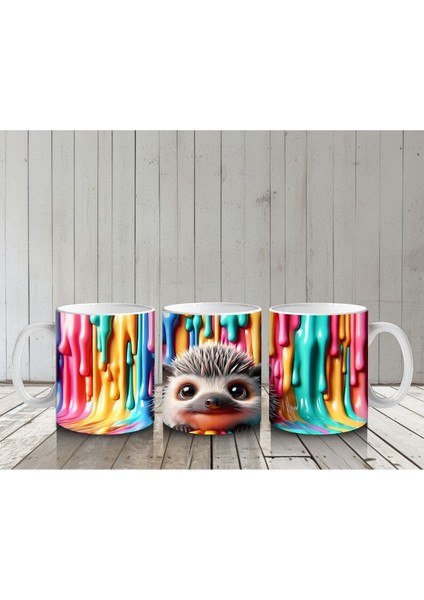 Çocuklara Sütü Sevdiren Renkli Boya Dalgaları Arasında Neşeli Kirpi Kupa Bardak indirimleri