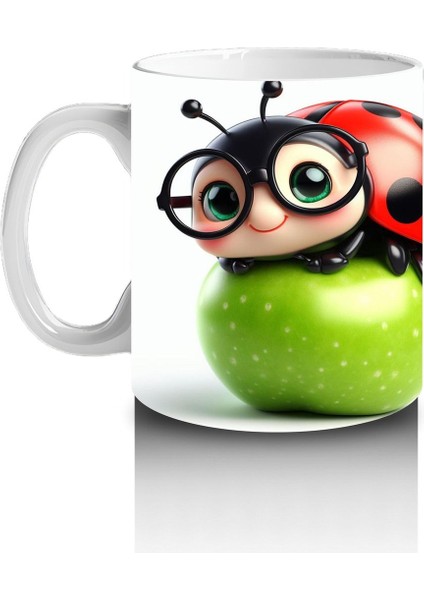 Çocuklara Sütü Sevdiren Gözlüklü Uğur Böceği ve Elma Desenli Kupa Bardak