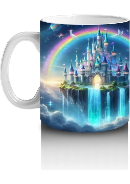 Çocuklara Sütü Sevdiren Gökkuşağı ve Büyülü Şato Desenli Kupa Bardak